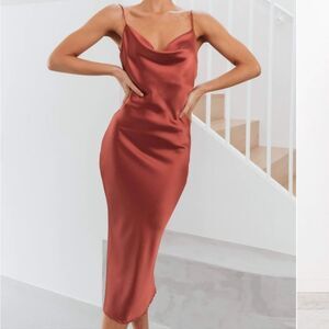 Petal & Pup Rust Persia Satin Draped Cowl Cocktail Midi Slip Dress 4US